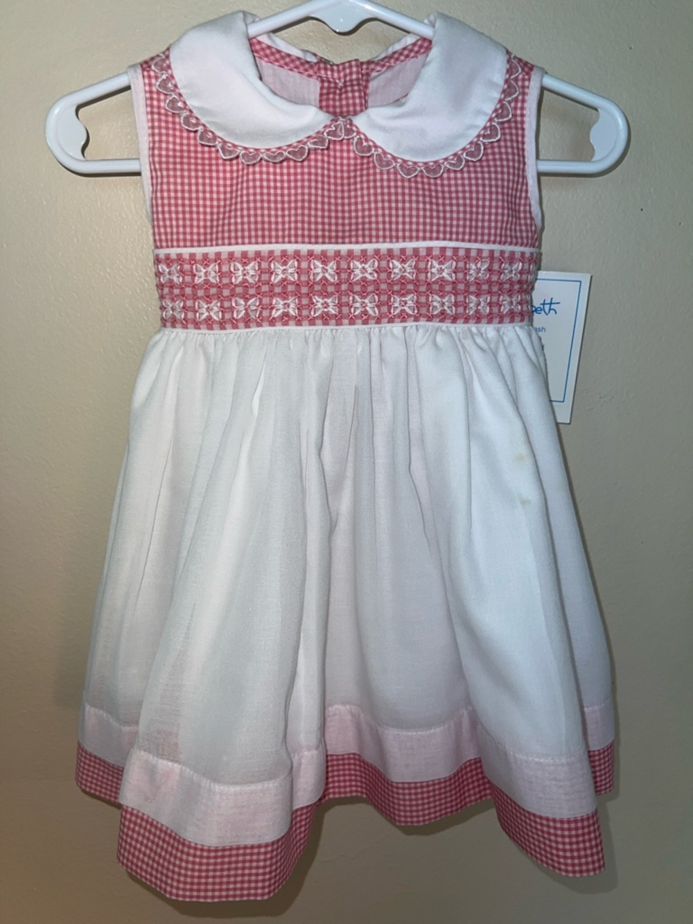 Will Beth Vintage Girls Pink Gingham Smocked Dress with White Collar and Bow
